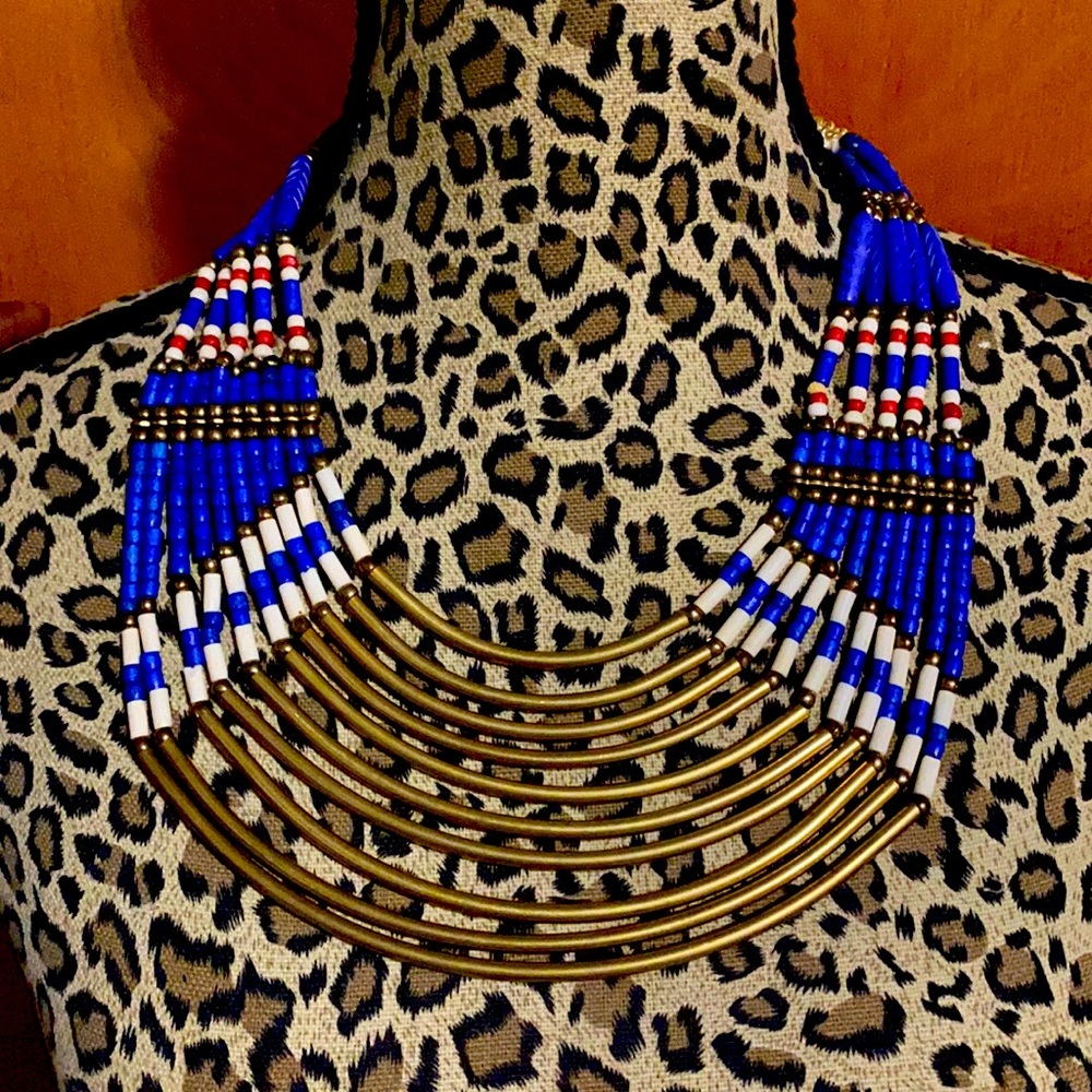 Multiple Layer Electric Blue and Brass African inspired necklace.